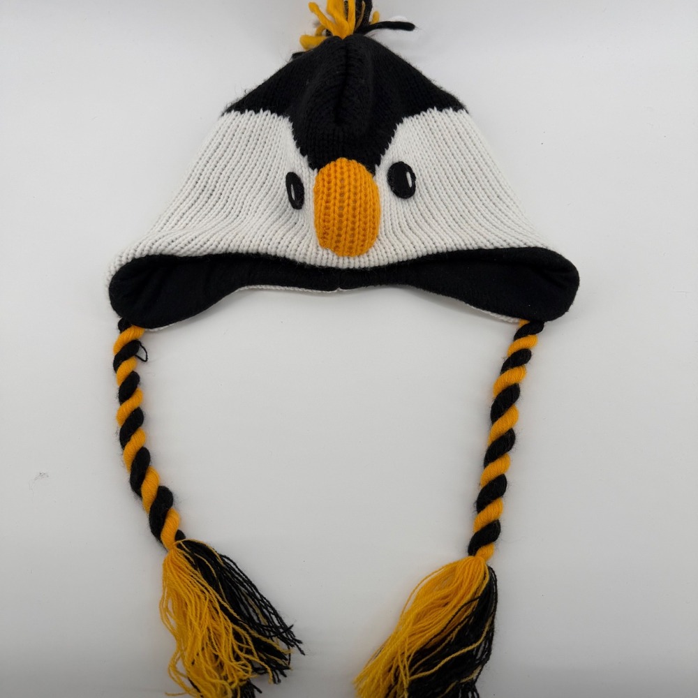 Kids Penguin Winter Hat Black White Yellow Pom‎ Pom Ear Flaps Braids M L
